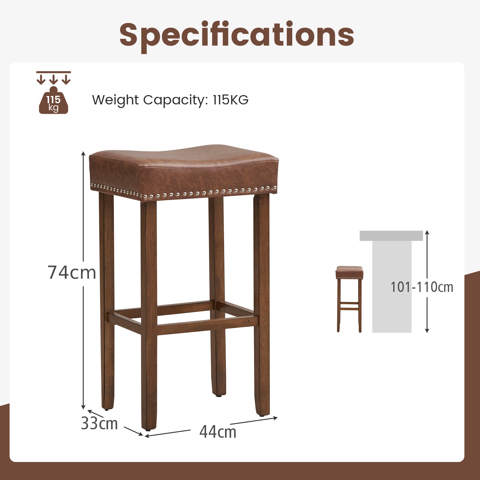 Bar Stool Set of 2 with PU Leather Upholstery Backless-Brown-74 cm