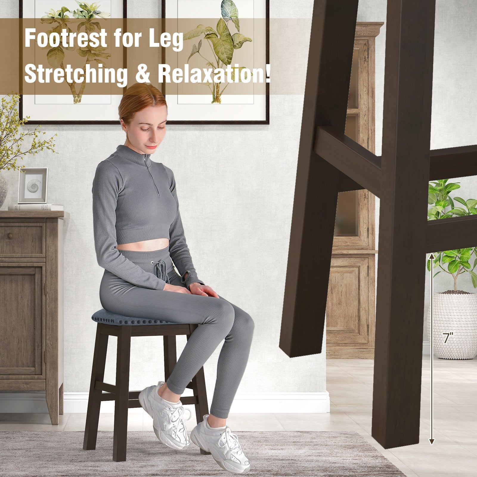 Bar Stool Set of 2 with Padded Seat and Rubber Wood Legs-Brown