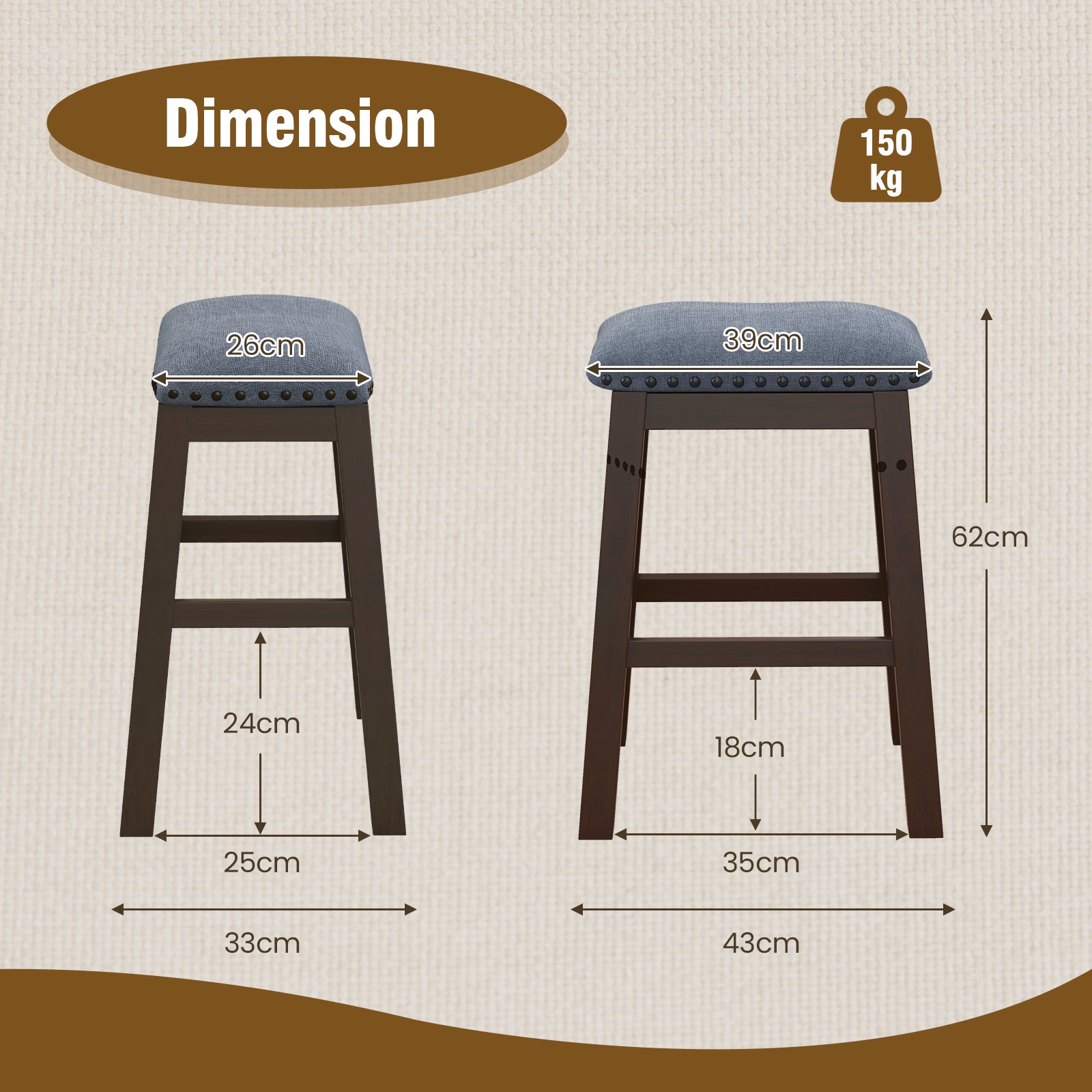 Bar Stool Set of 2 with Padded Seat and Rubber Wood Legs-Brown