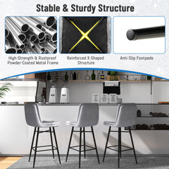 Bar Stools Set of 2 with Tufted Back, Metal Footrests and Legs-Grey