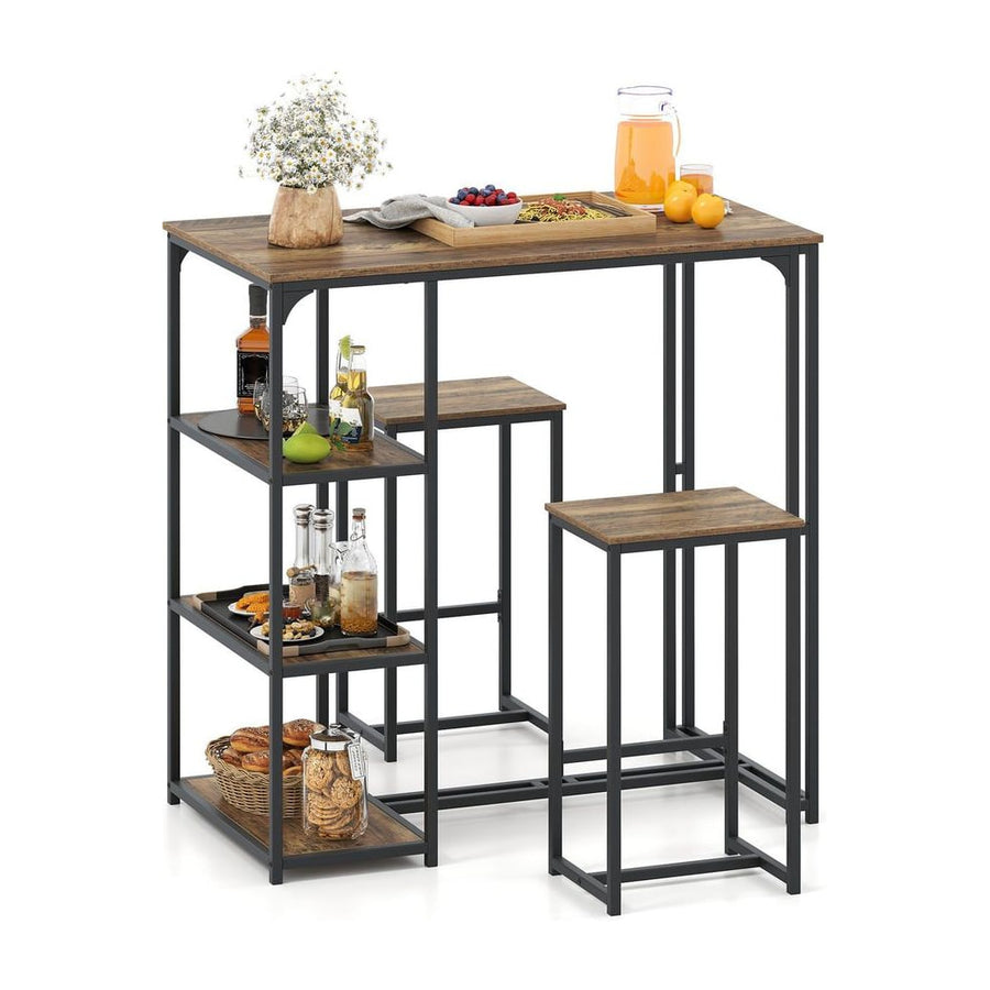 3-Piece Bar Table Set 2 Person Dining Furniture Set with 2 Stools-Brown