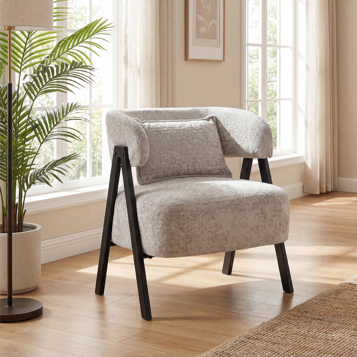 Barrel Accent Chair Upholstered Armchair with Lumbar Pillow-Grey