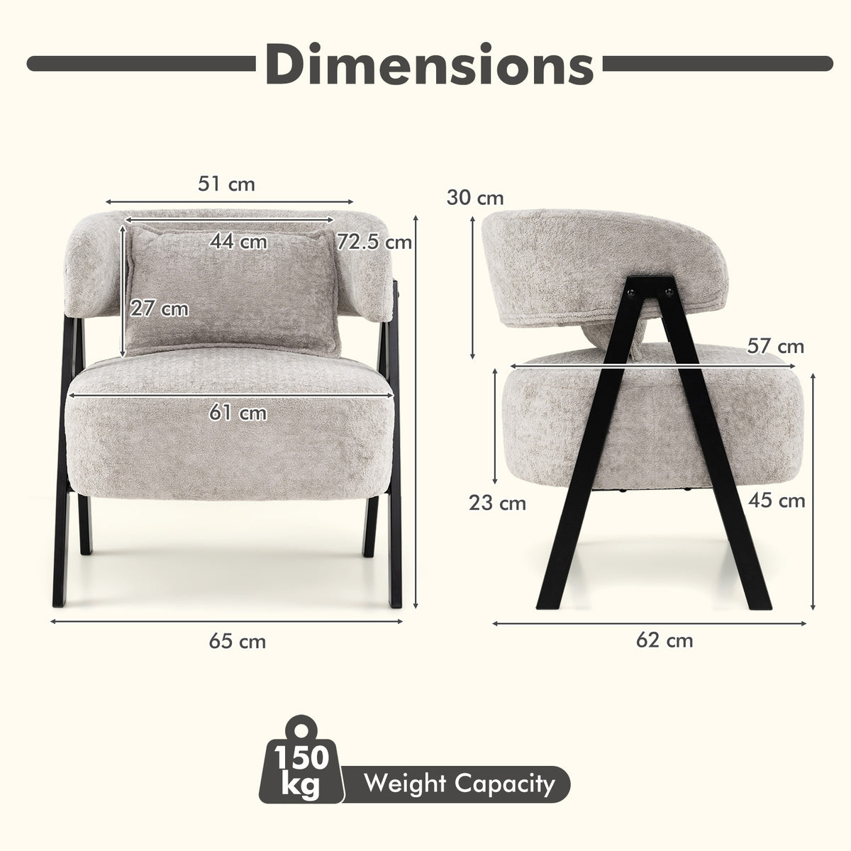 Barrel Accent Chair Upholstered Armchair with Lumbar Pillow-Grey