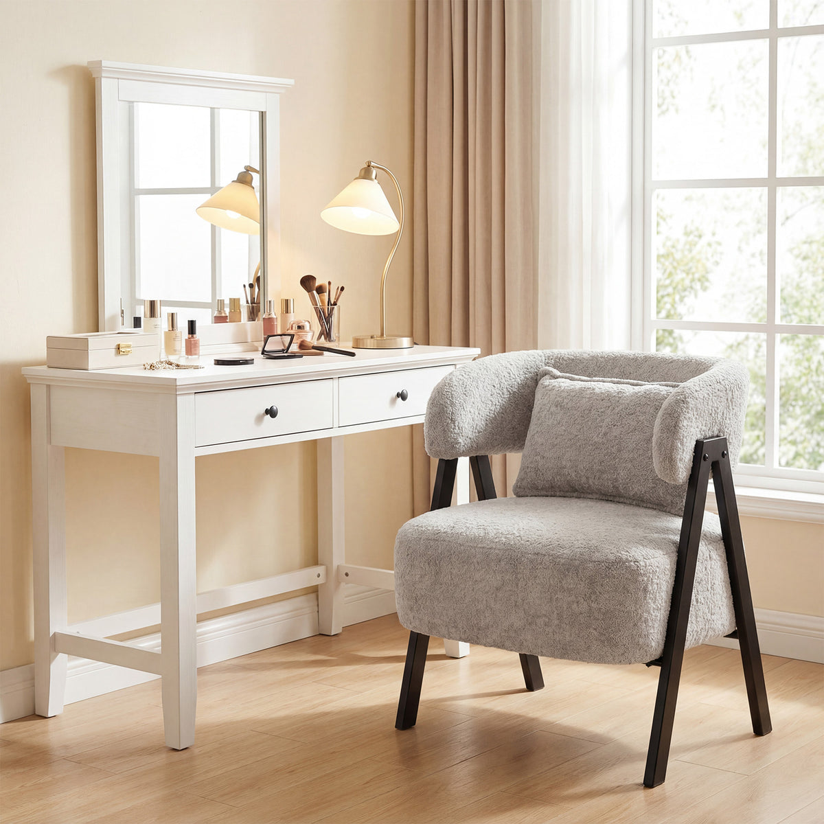 Barrel Accent Chair Upholstered Armchair with Lumbar Pillow-Grey