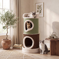 Barrel Cat House with Top Perch & Double Condos and Comfy Mats for Indoor-Green