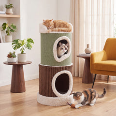 Barrel Cat House with Top Perch & Double Condos and Comfy Mats for Indoor-Green