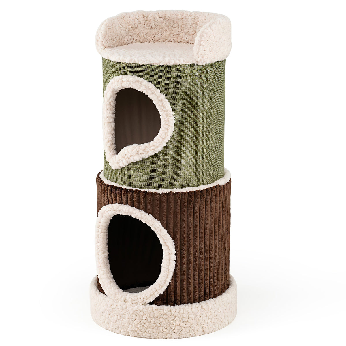 Barrel Cat House with Top Perch & Double Condos and Comfy Mats for Indoor-Green