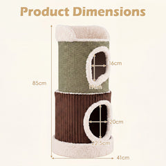 Barrel Cat House with Top Perch & Double Condos and Comfy Mats for Indoor-Green