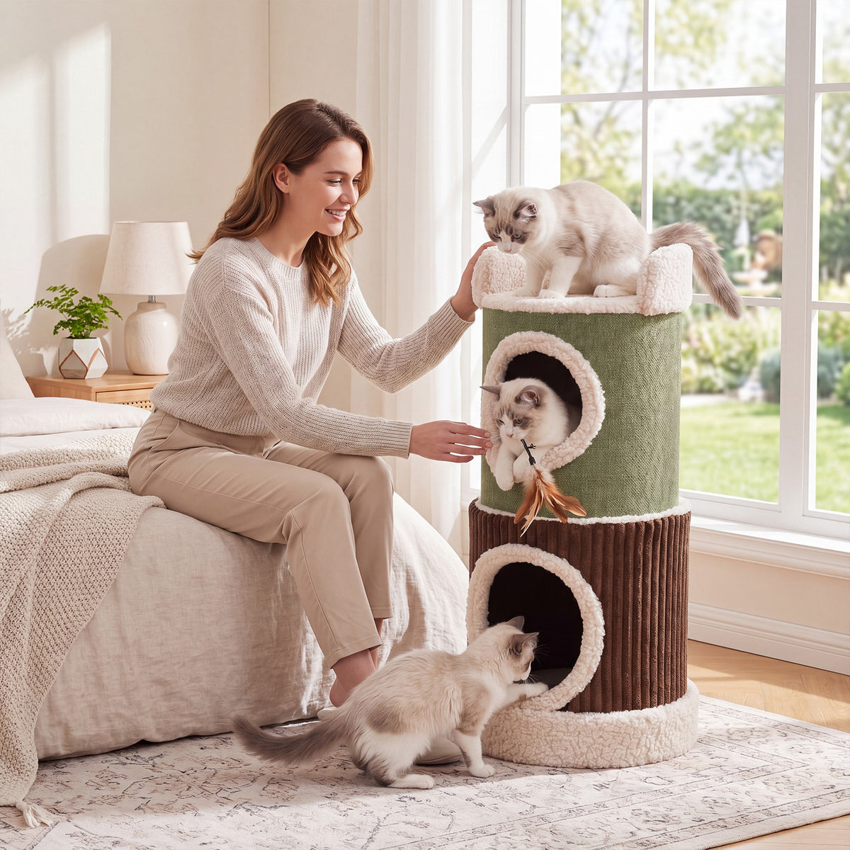 Barrel Cat House with Top Perch & Double Condos and Comfy Mats for Indoor-Green