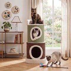 Barrel Cat House with Top Perch & Double Condos and Comfy Mats for Indoor-Green