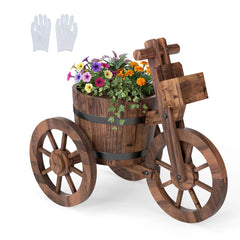 Barrel Tricycle Planter with Wheels and Drainage Hole for Flowers Herbs-Coffee