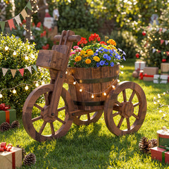 Barrel Tricycle Planter with Wheels and Drainage Hole for Flowers Herbs-Coffee