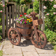Barrel Tricycle Planter with Wheels and Drainage Hole for Flowers Herbs-Coffee