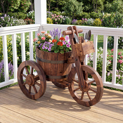 Barrel Tricycle Planter with Wheels and Drainage Hole for Flowers Herbs-Coffee