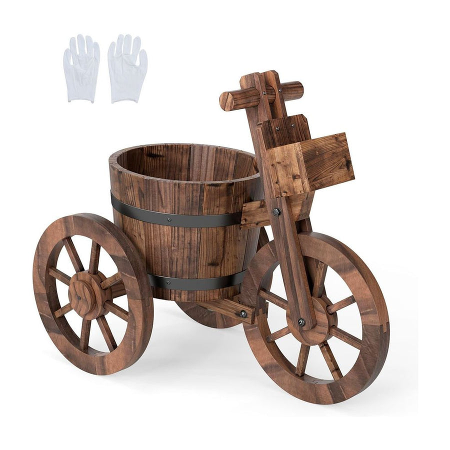 Barrel Tricycle Planter with Wheels and Drainage Hole for Flowers Herbs-Coffee