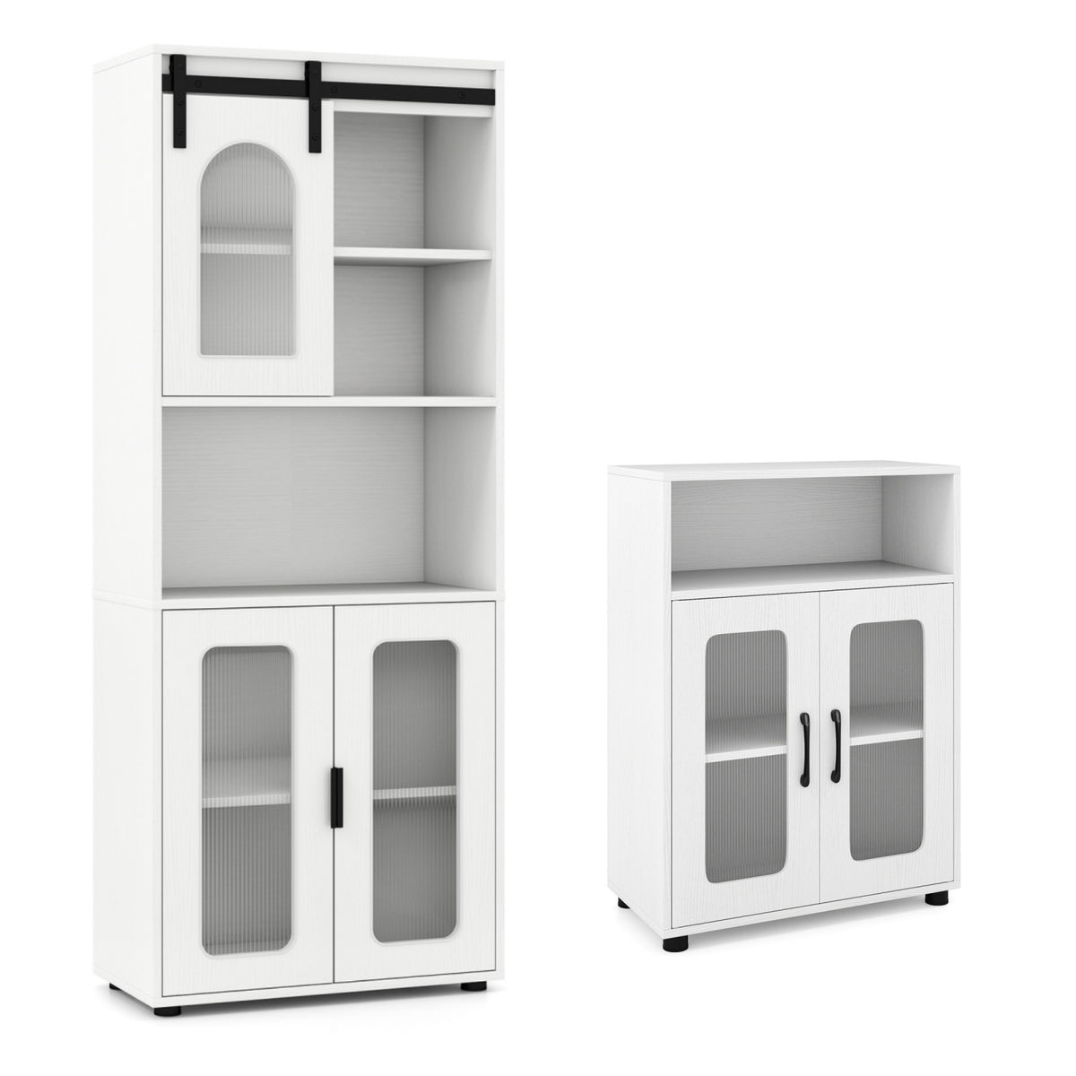 Tall white bathroom cabinet with glass doors and sliding barn door top