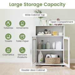 White floor cabinet filled with toiletries and towels