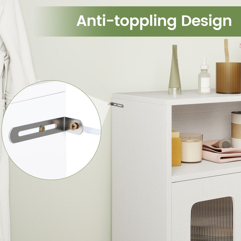 Anti-toppling strap attached to the white bathroom cabinet