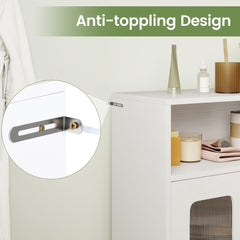 Anti-toppling strap attached to the white bathroom cabinet