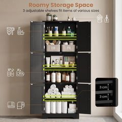 Black storage cabinet with adjustable shelves filled with bathroom items