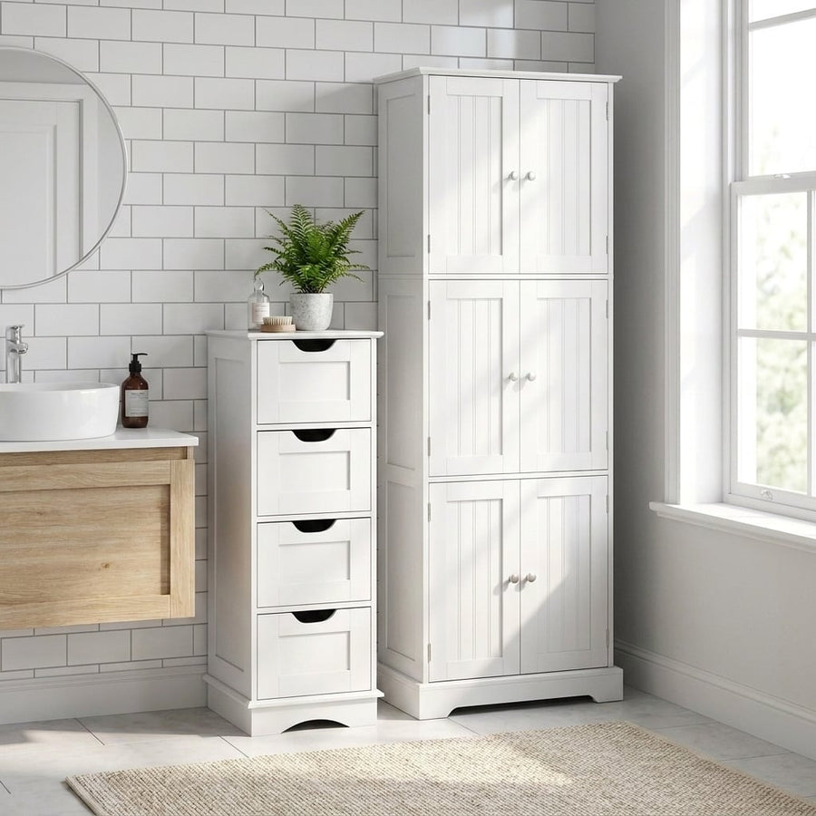 Bathroom Cabinet Set with 6-Door Tall Cabinet and 4-Drawer Cabinet-White