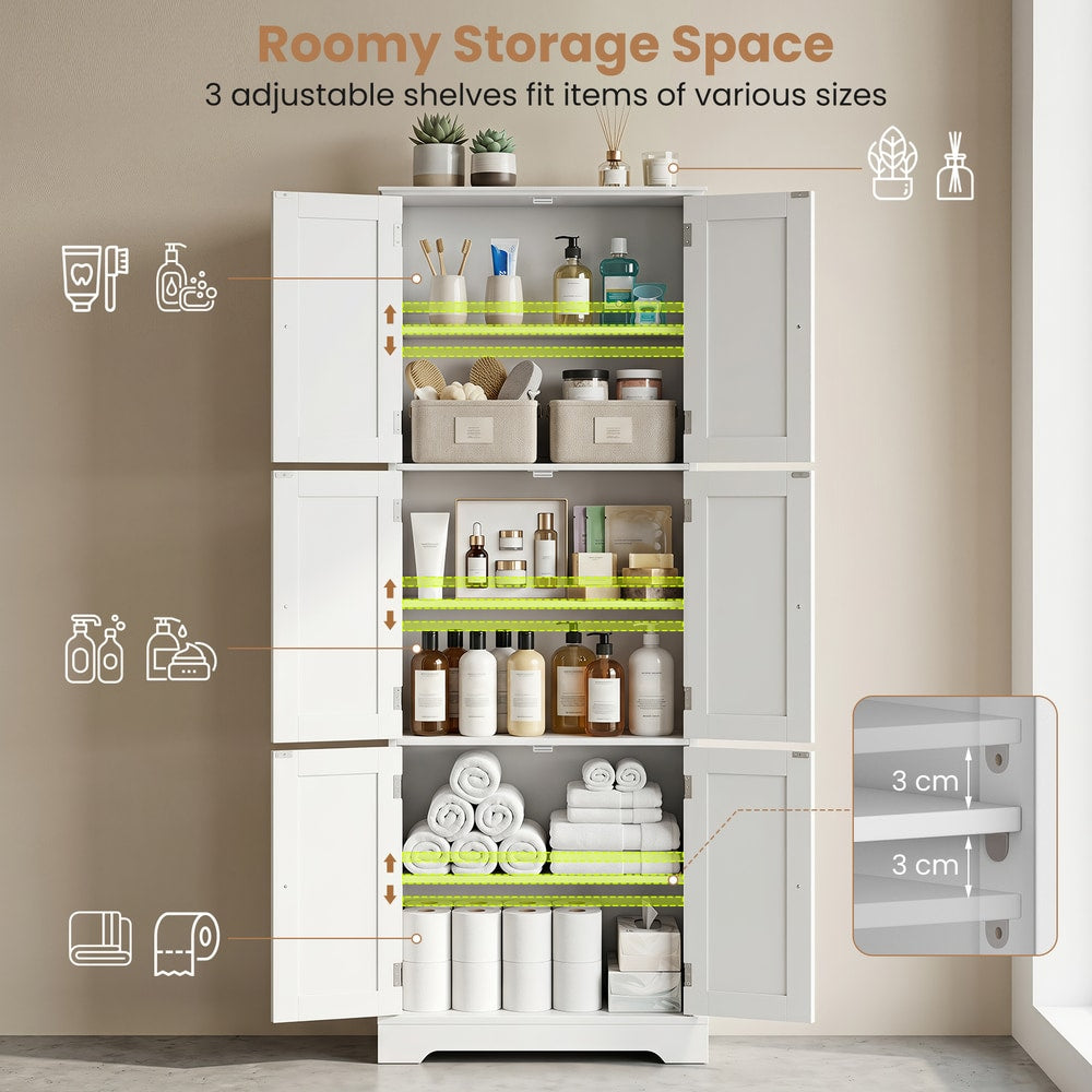The floor cabinet highlighting adjustable shelf positions and storage capacity for items