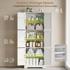 The floor cabinet highlighting adjustable shelf positions and storage capacity for items