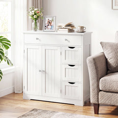Bathroom Floor Cabinet and Large Storage Cabinet with 4 Drawers 2 Doors and Adjustable Shelf for Living Room-White
