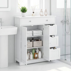 Bathroom Floor Cabinet and Large Storage Cabinet with 4 Drawers 2 Doors and Adjustable Shelf for Living Room-White
