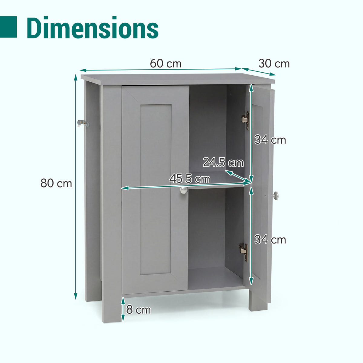 Dimensions diagram of the grey bathroom floor cabinet showing height width and depth
