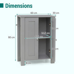 Dimensions diagram of the grey bathroom floor cabinet showing height width and depth
