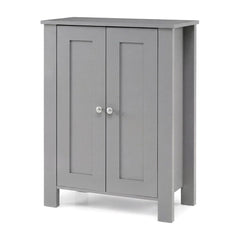 Bathroom Floor Cabinet with Double Doors Freestanding Wooden Storage in grey with two silver knobs on the doors