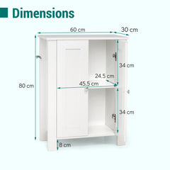 Dimensions diagram of the white wooden floor cabinet showing height, width and depth