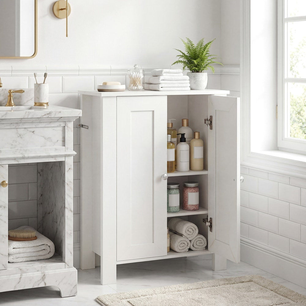 White wooden bathroom cabinet with doors open showing two shelves with toiletries and towels inside