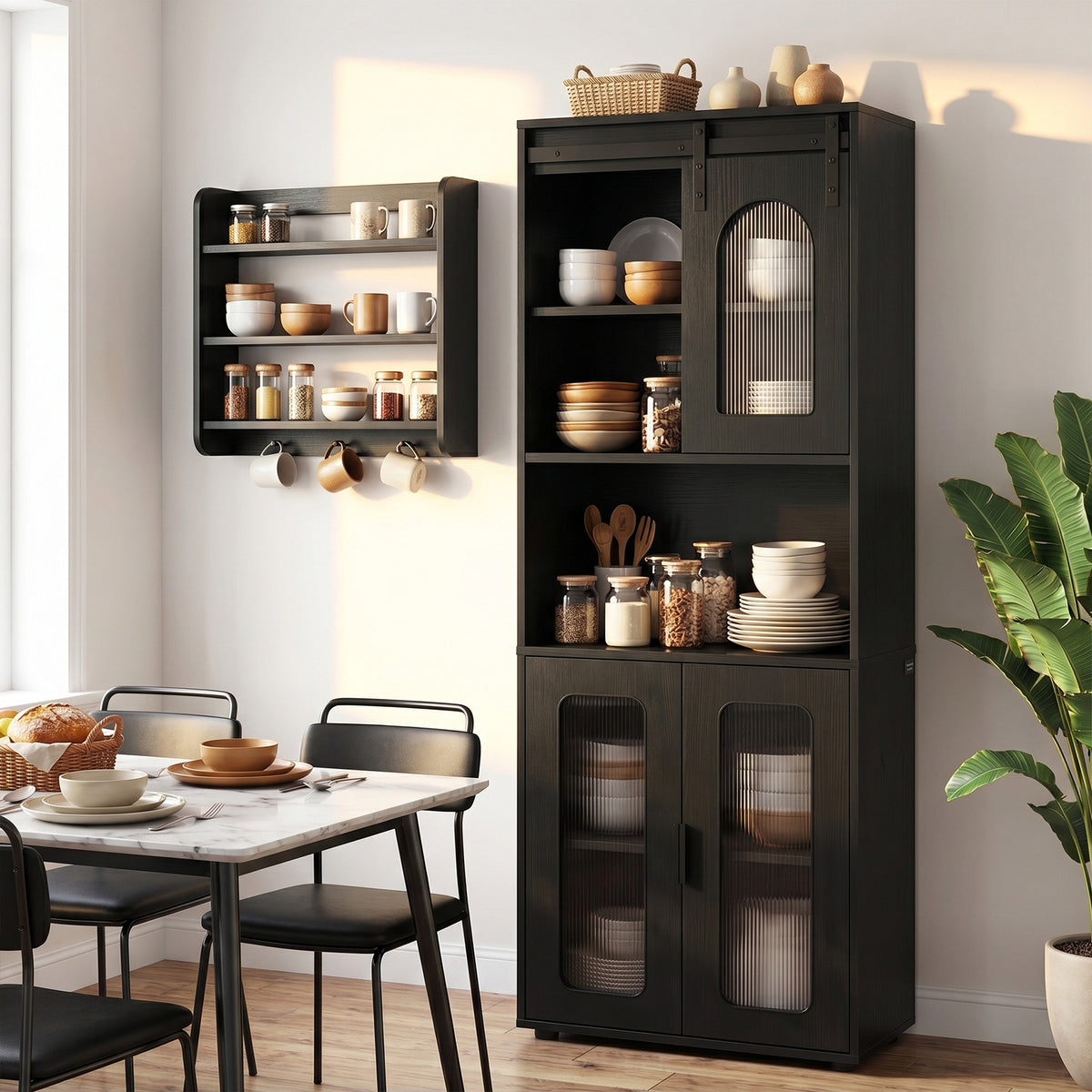 Bathroom Floor Cabinet with Shelves and Sliding Barn Door-Black