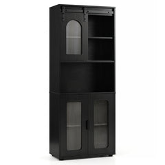 Bathroom Floor Cabinet with Shelves and Sliding Barn Door-Black