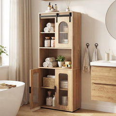Bathroom Floor Cabinet with Shelves and Sliding Barn Door-Natural