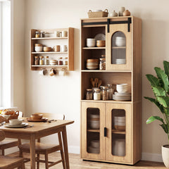 Bathroom Floor Cabinet with Shelves and Sliding Barn Door-Natural
