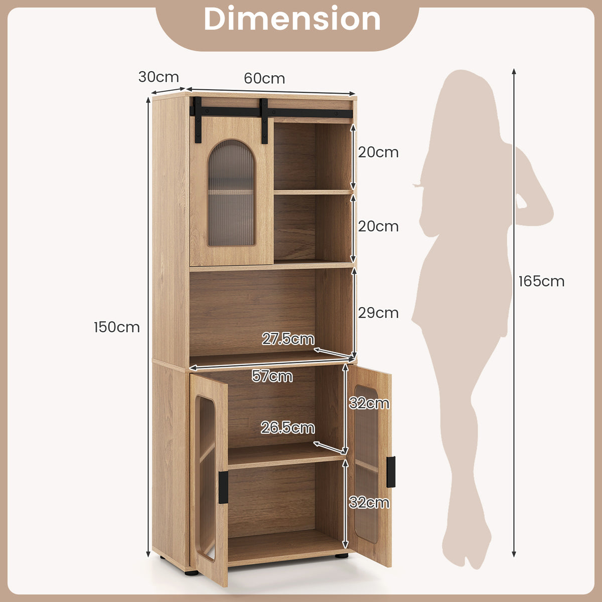 Bathroom Floor Cabinet with Shelves and Sliding Barn Door-Natural
