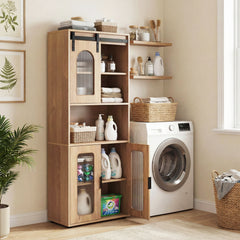 Bathroom Floor Cabinet with Shelves and Sliding Barn Door-Natural