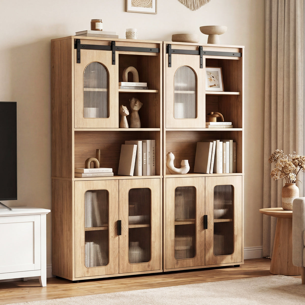 Bathroom Floor Cabinet with Shelves and Sliding Barn Door-Natural