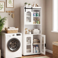 Bathroom Floor Cabinet with Shelves and Sliding Barn Door-White