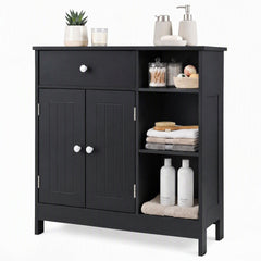 Bathroom Floor Storage Cabinet with Doors Drawer and Adjustable Shelves-Black