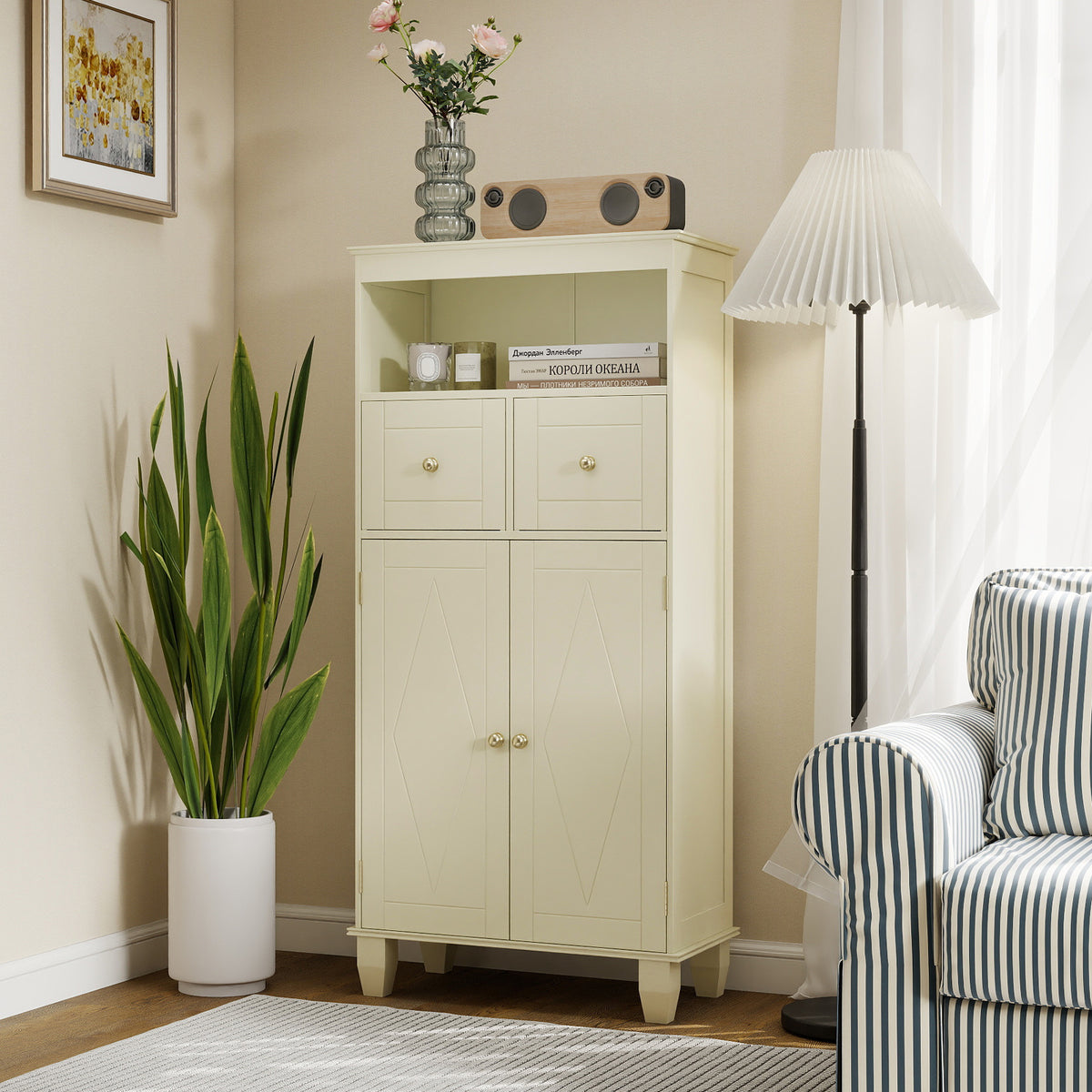 Bathroom Floor Storage Cabinet with Doors and Shelves-Beige