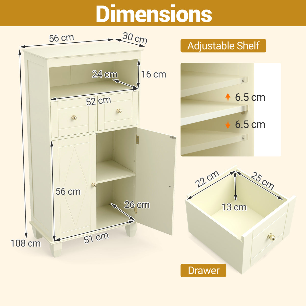 Bathroom Floor Storage Cabinet with Doors and Shelves-Beige