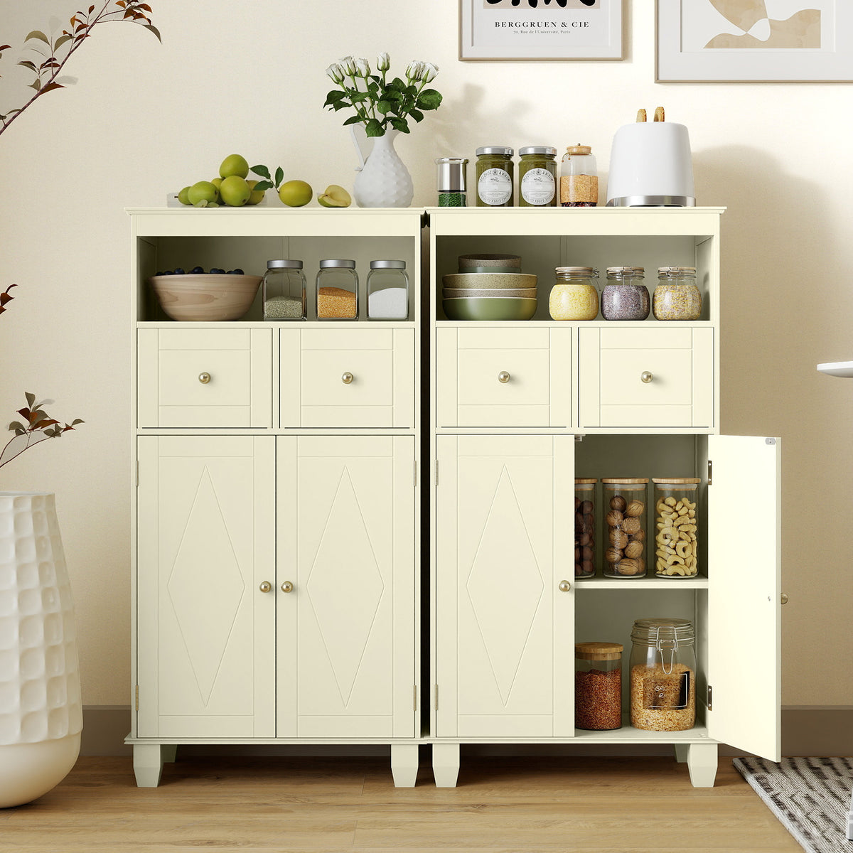 Bathroom Floor Storage Cabinet with Doors and Shelves-Beige
