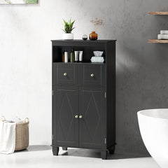 Bathroom Floor Storage Cabinet with Doors and Shelves-Black