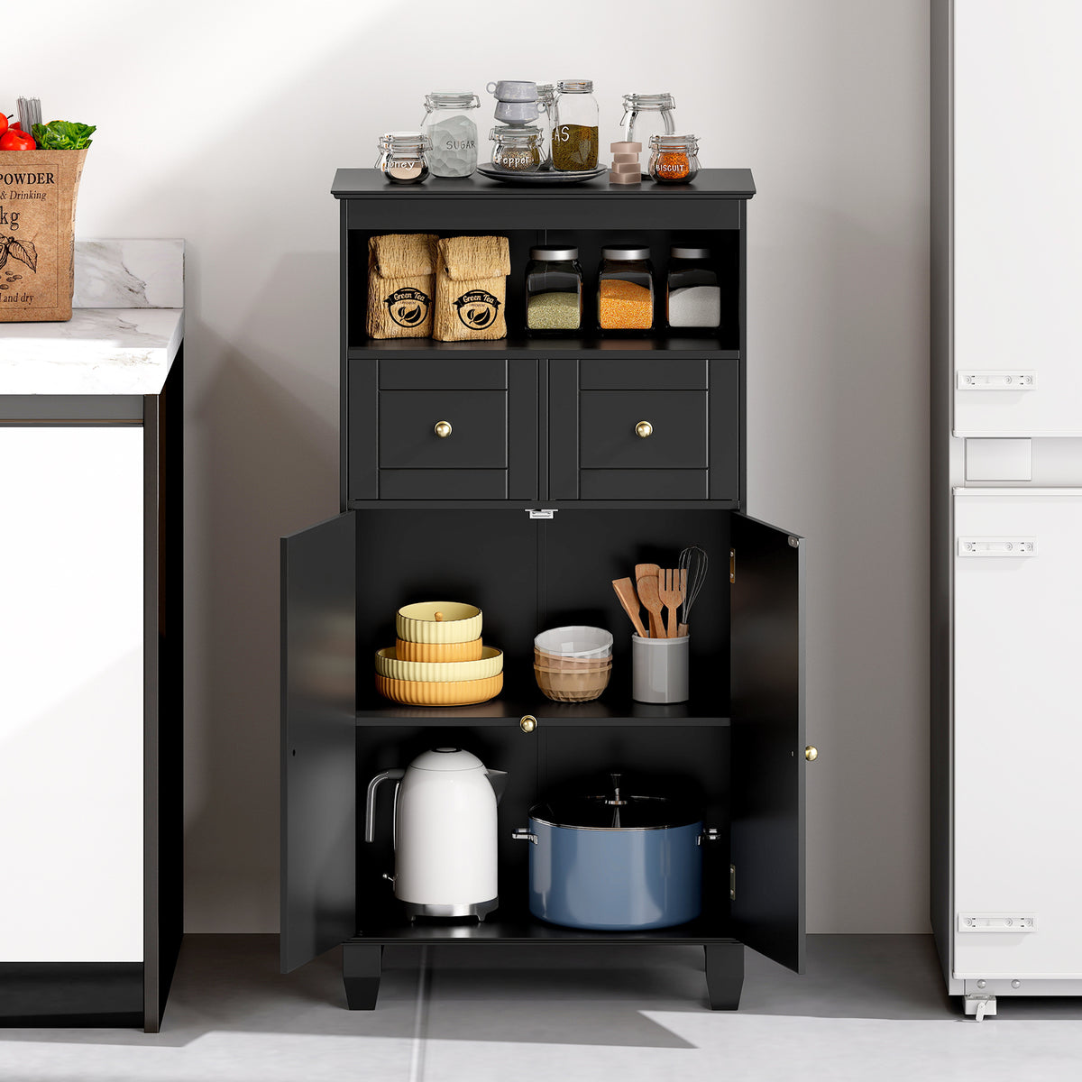 Bathroom Floor Storage Cabinet with Doors and Shelves-Black