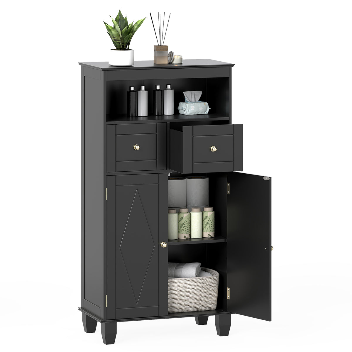 Bathroom Floor Storage Cabinet with Doors and Shelves-Black