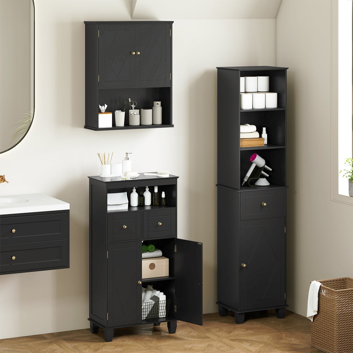 Bathroom Floor Storage Cabinet with Doors and Shelves-Black